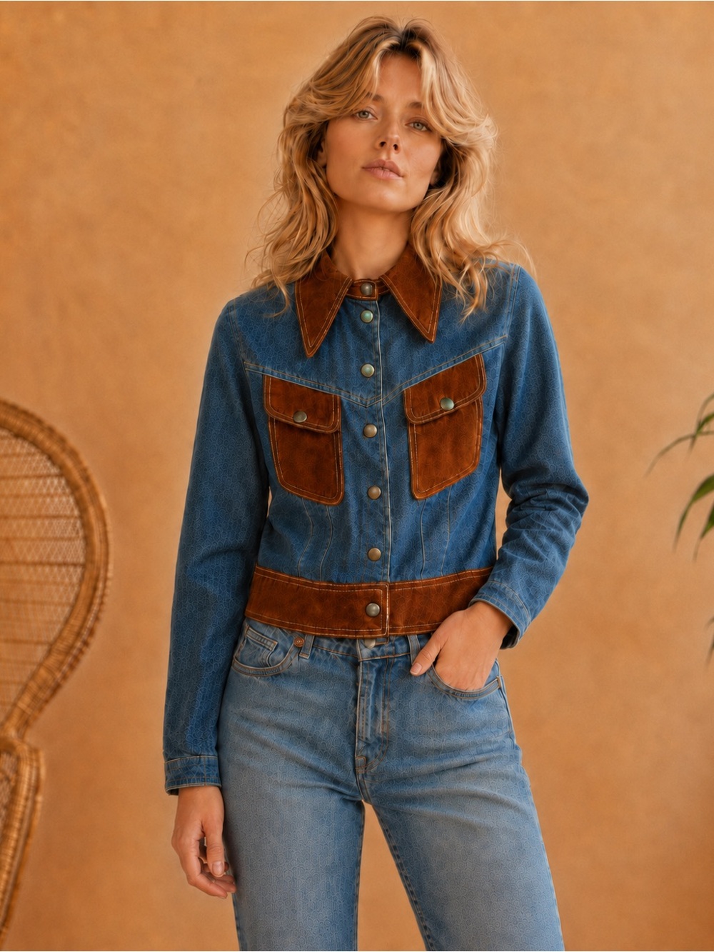 Denim Jacket with Brown Suede Trim - Women's Jean Jacket